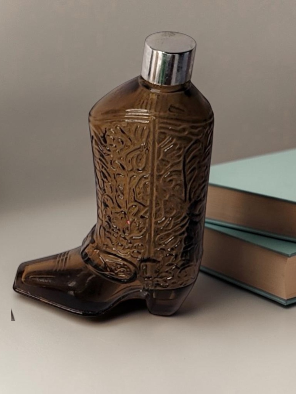 Vintage Avon Amber Glass Cowboy Boot Decanter Silver Tone Cap and Spur Detail